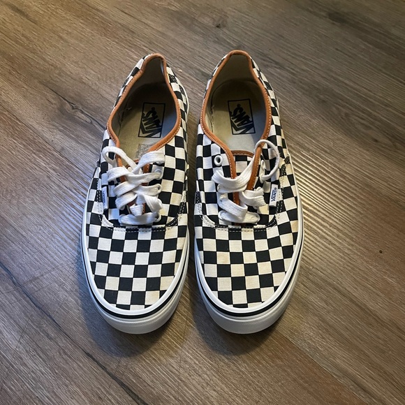 Vans Black and White Checkerboard Shoes with Orange Trim - Picture 1 of 3